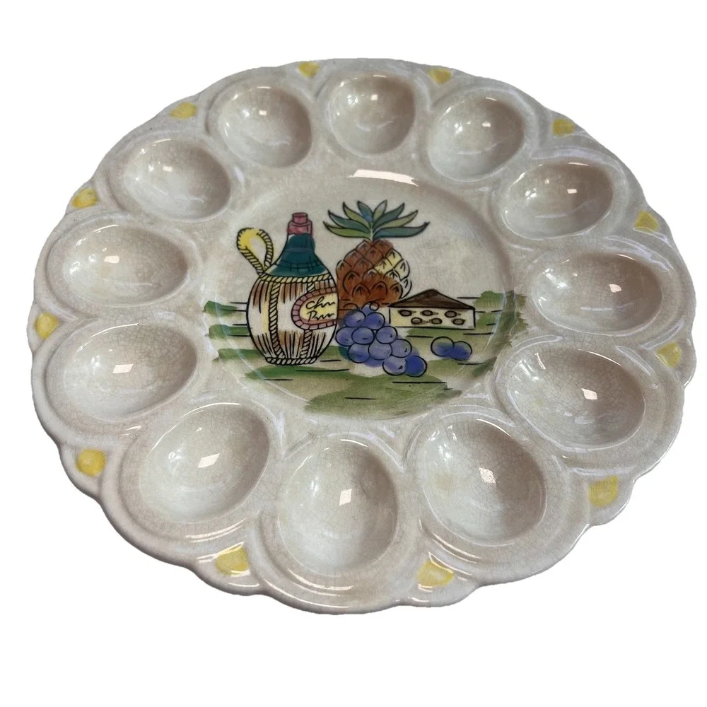 Vintage Ceramic Deviled Egg Platter 12 Egg Wine Cheese Grapes 9.25